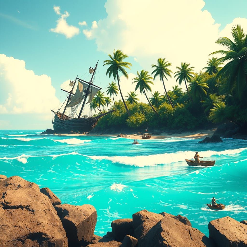 Tropical Shipwreck Island in Vibrant Digital Art