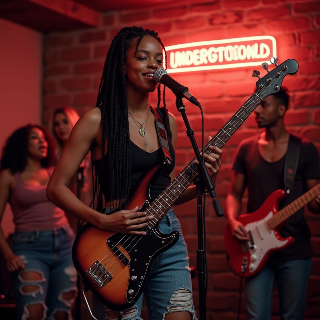 African American Woman Playing Bass Guitar On Stage