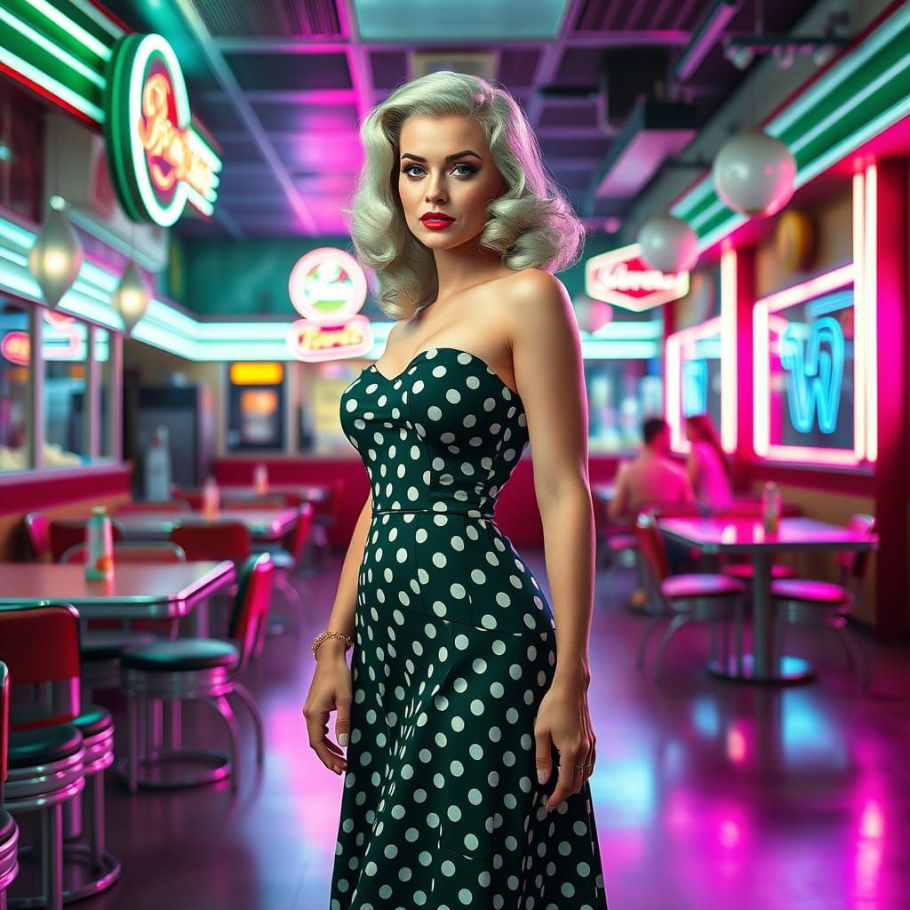 1950s Green-Haired Pin-Up in Diner, Glitch Art Style