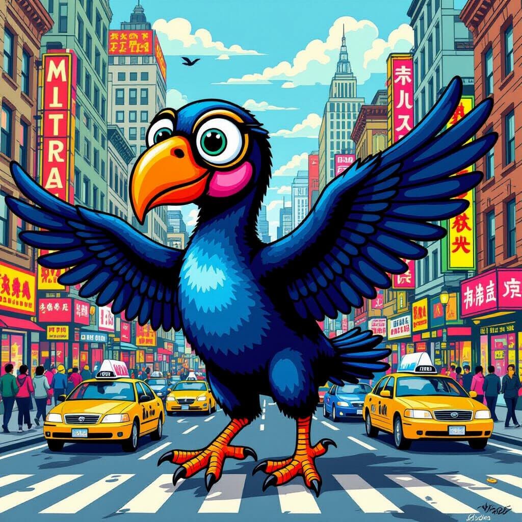Dodo Bird Navigates Metropolis in Comic Book Style