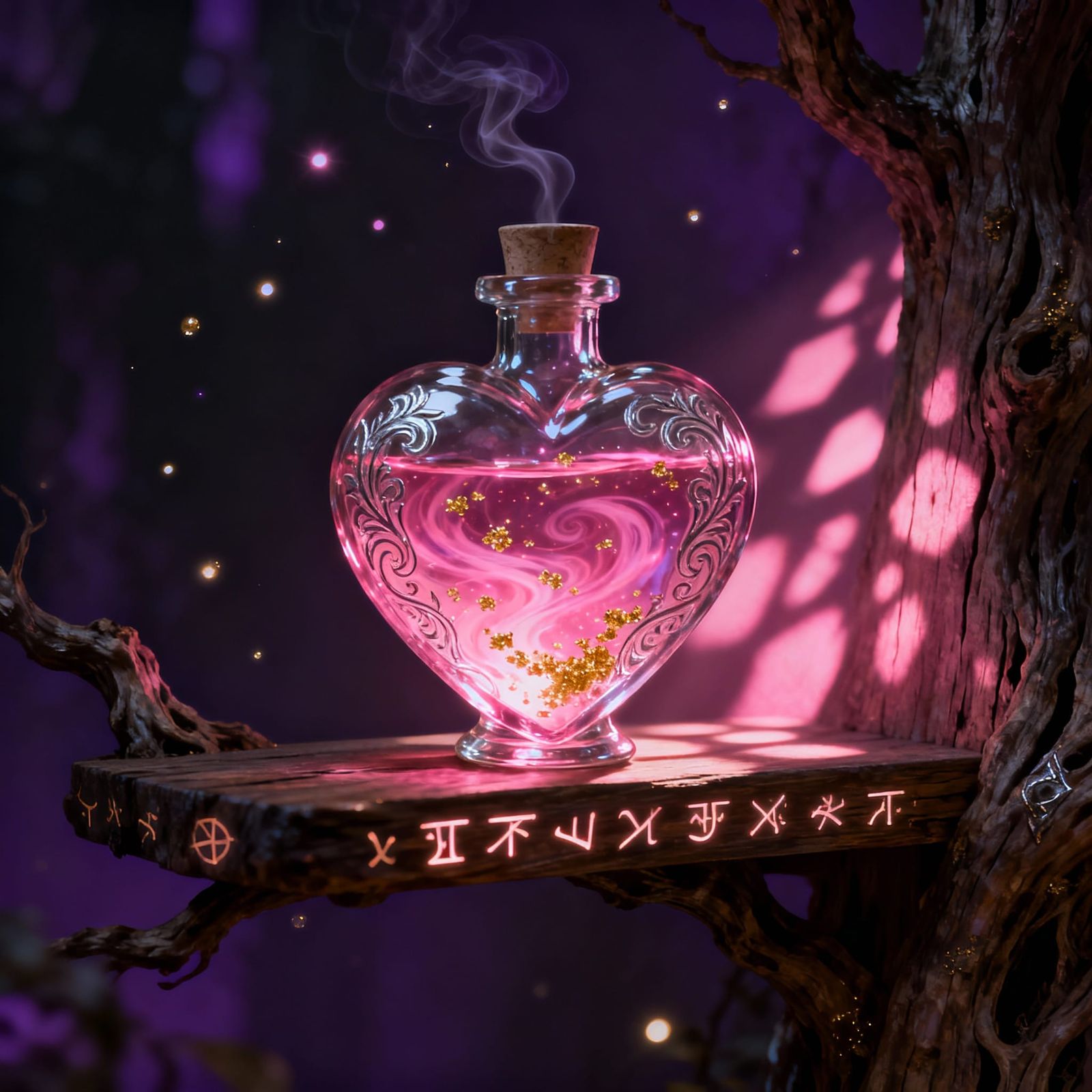 Enchanted Heart Potion Bottle on Dark Shelf