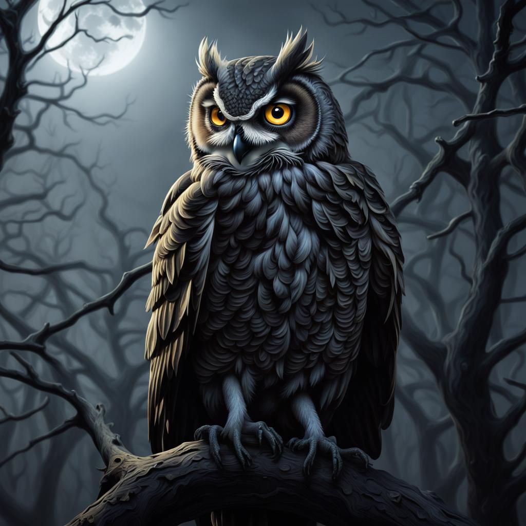 Menacing Owl in Moonlight: Hyperrealistic Digital Painting