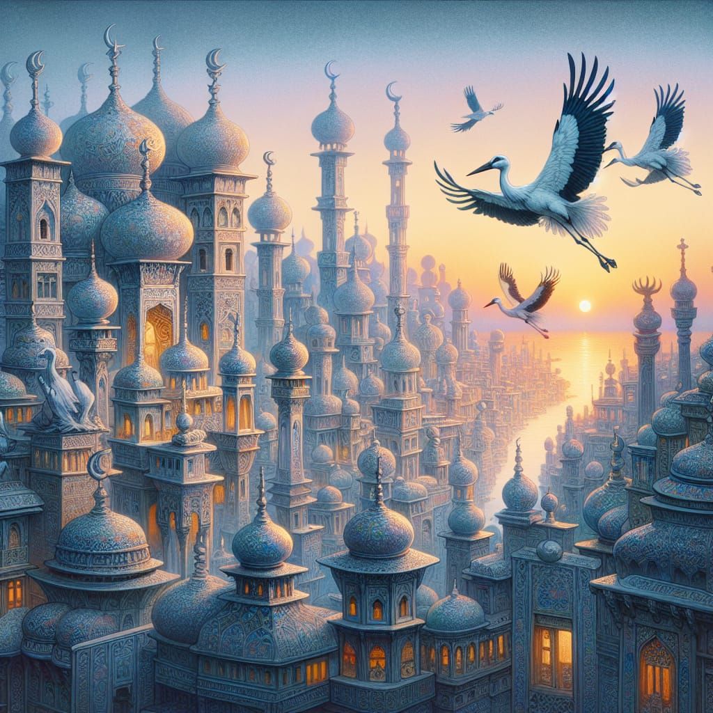 Storks Over Arabian Fairytale Town in Twilight