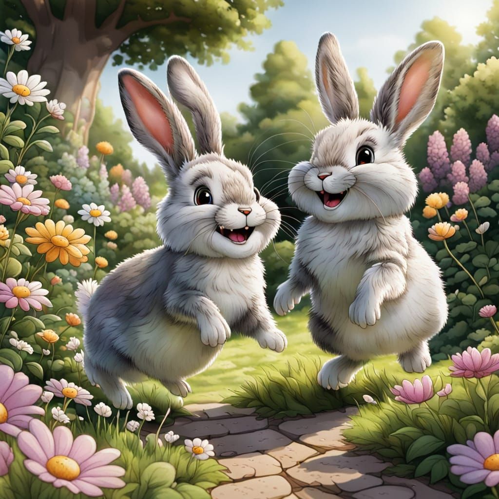 Cartoon Bunnies Hopping in Flower Garden