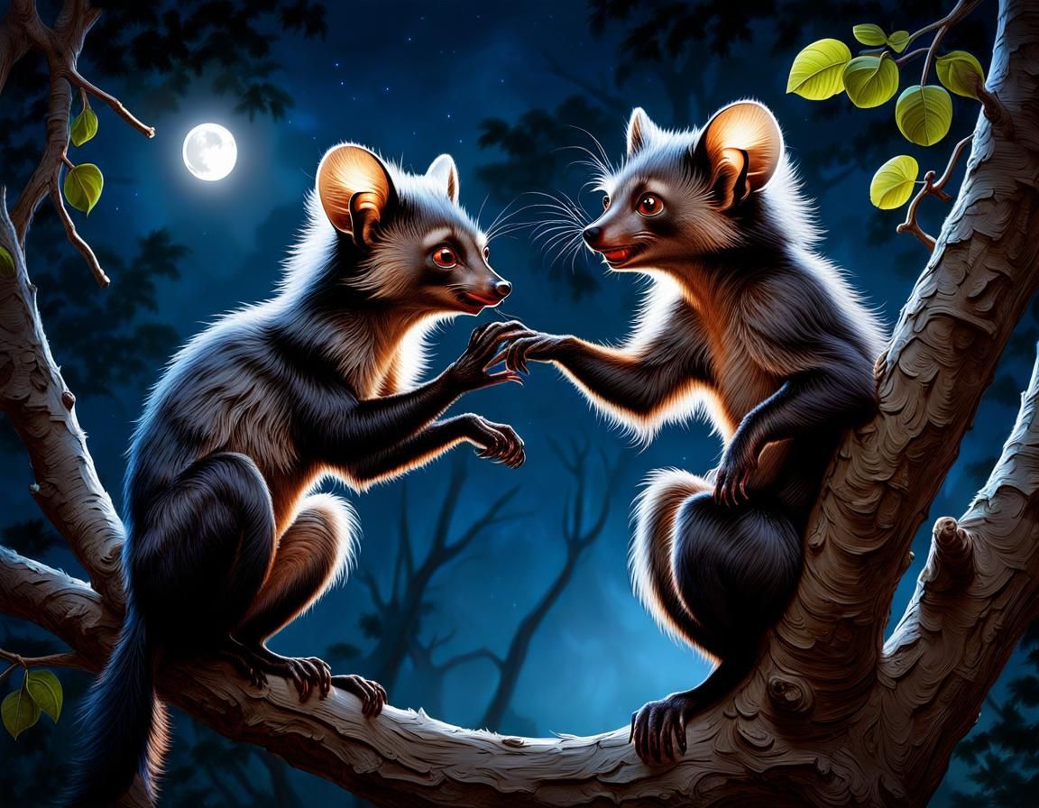 Backlit Aye-Aye Couple High Fiving at Night
