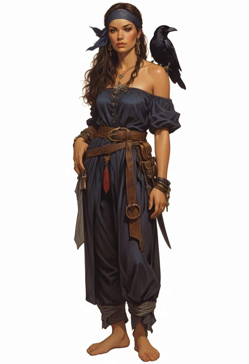 18th Century Pirate Woman and Raven, Detailed Illustration