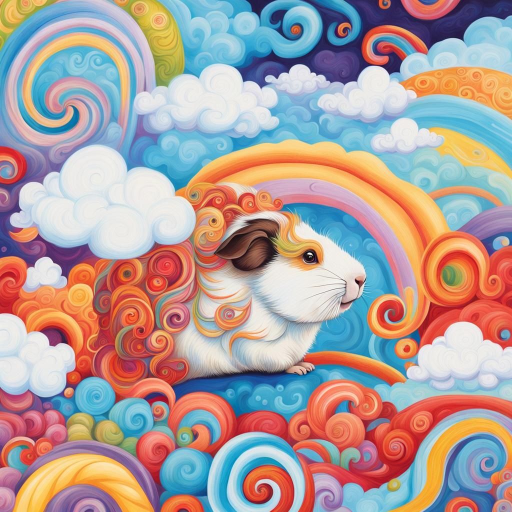 Whimsical Guinea Pig Cloud in Candyland Gouache