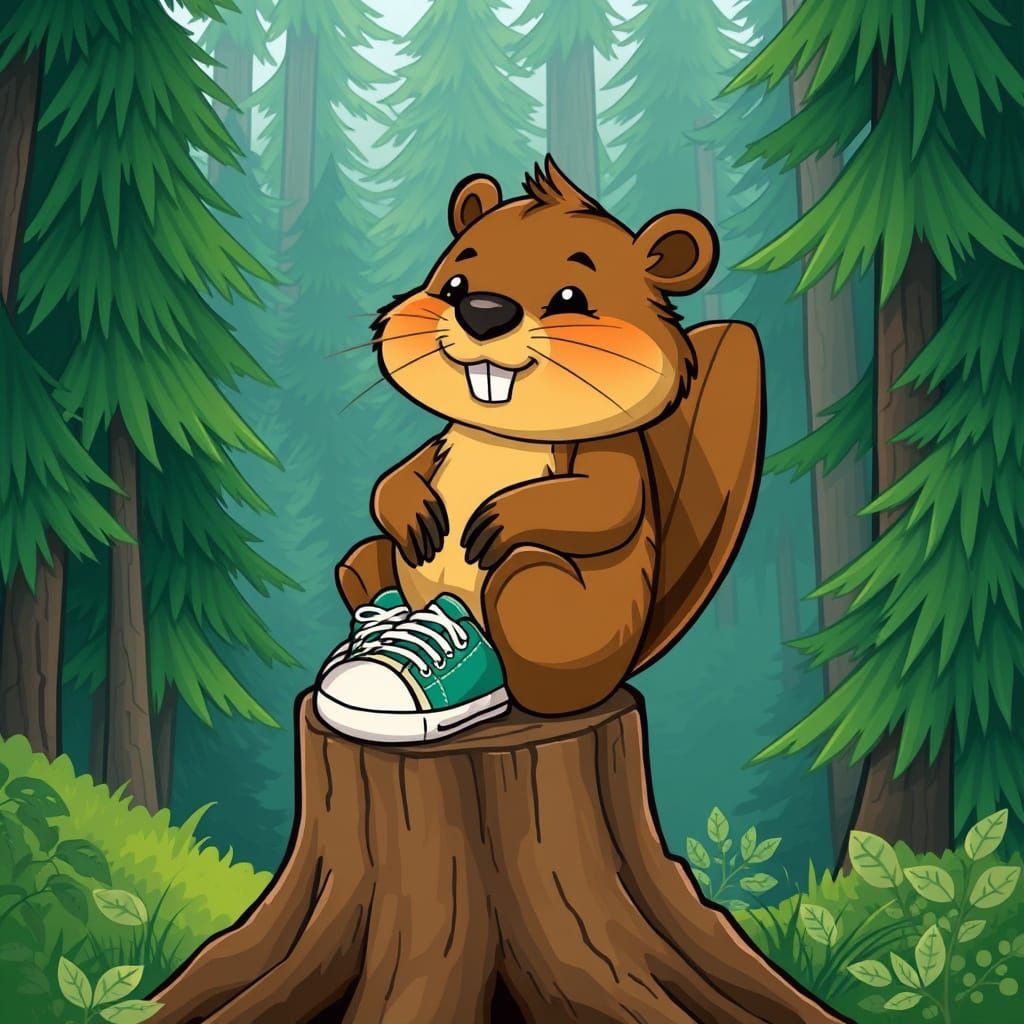 Whimsical Beaver in Forest, Digital Illustration