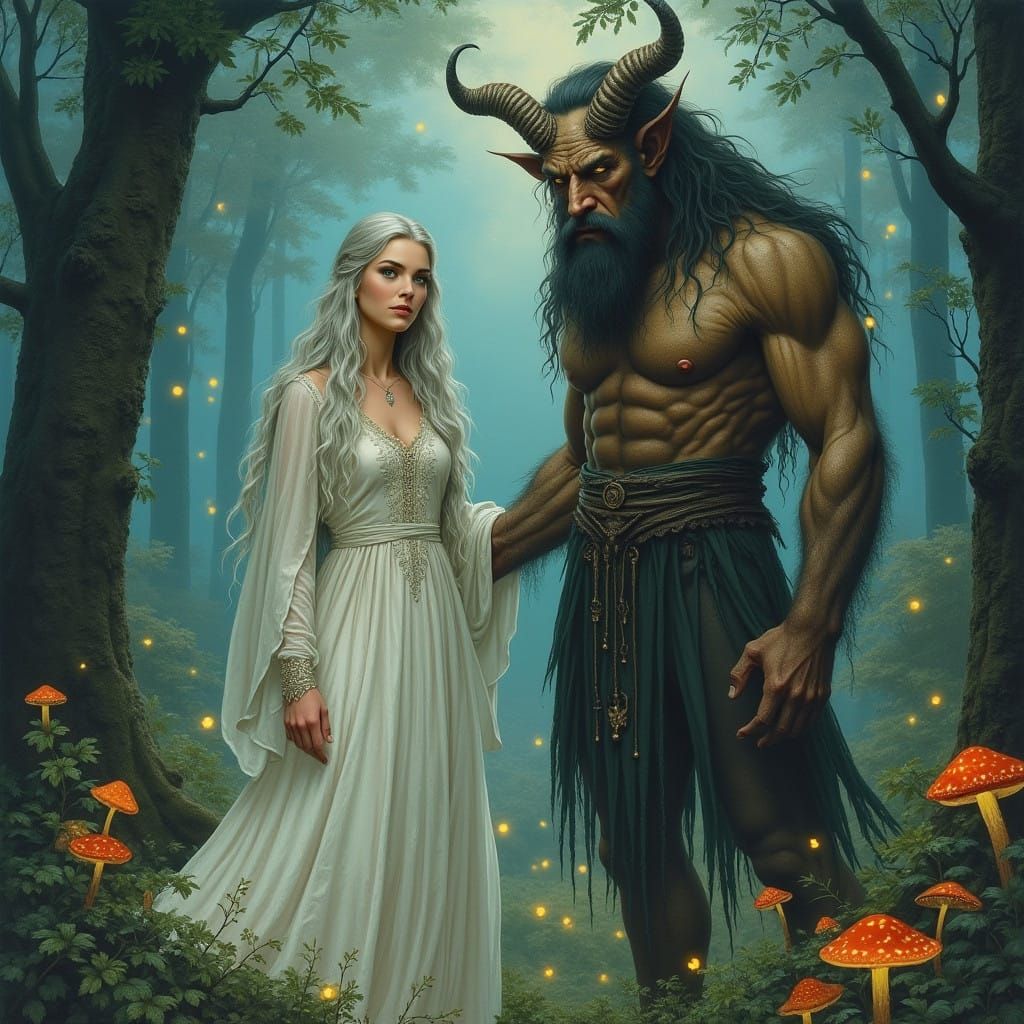 Regal Goddess Beside the Horned God in a Whimsical Twilight...