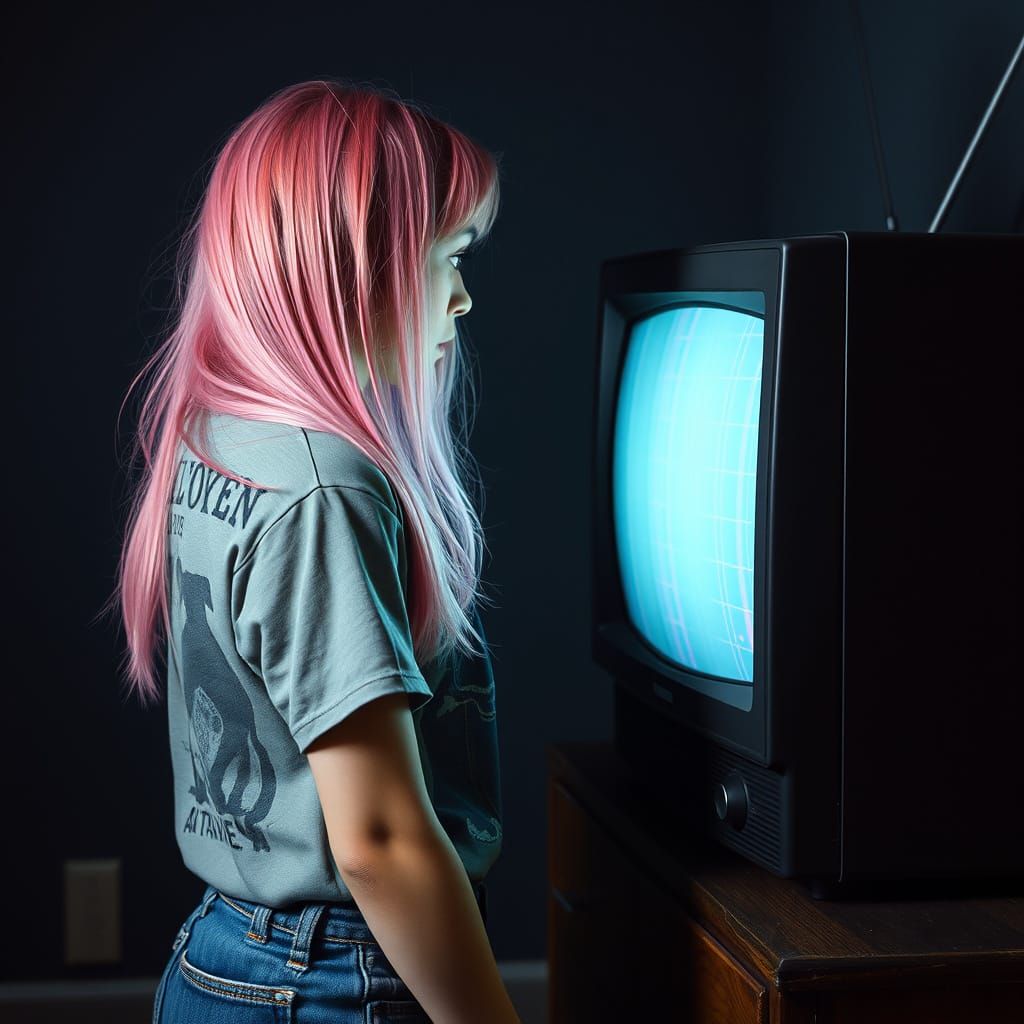 Hypnotized Girl in Glitchpunk TV Static Nightmare
