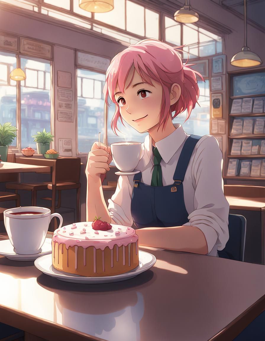 Pink-Haired Girl Enjoying Tea, Ghibli-esque Anime