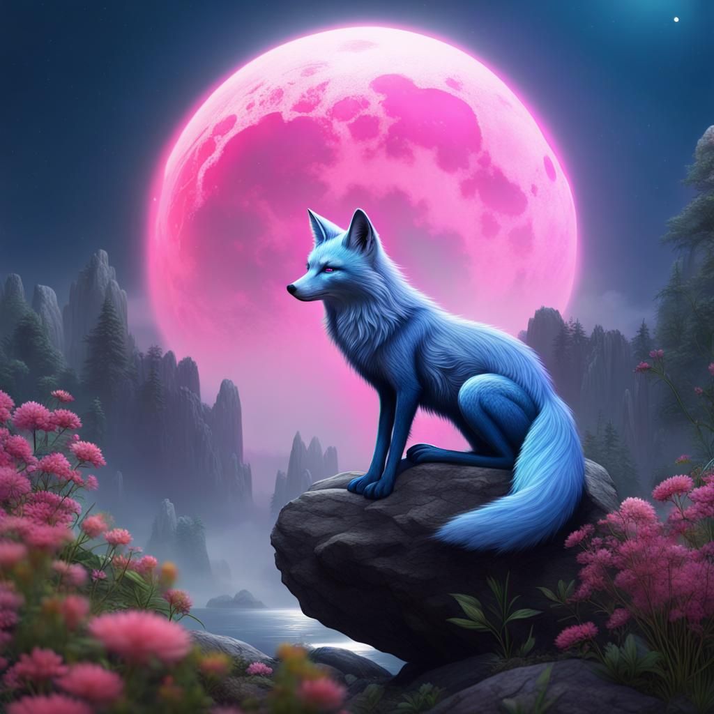 Blue Fox and Pink Moon Fantasy Landscape