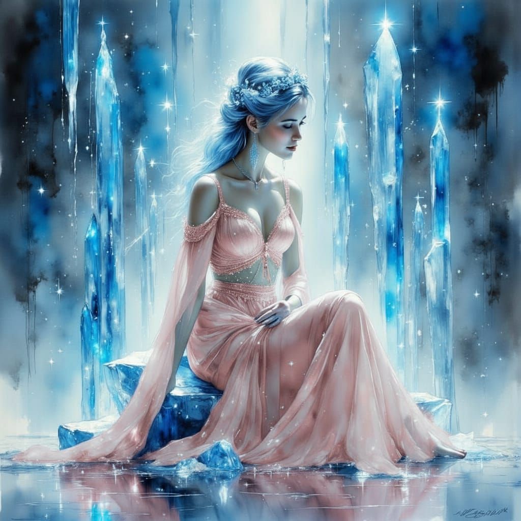 Ice Queen on Crystalline Throne in Luminous Watercolor Style