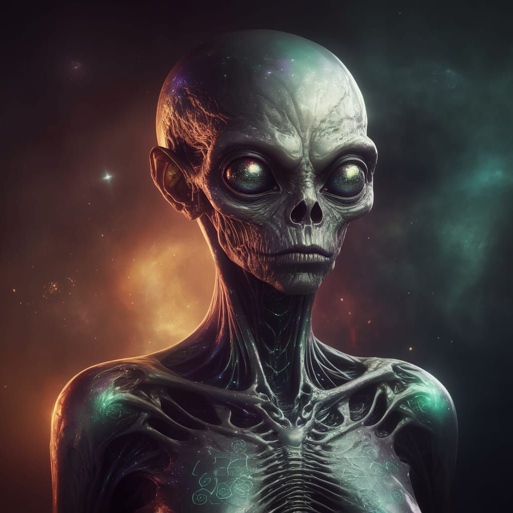 Create a unique, award-winning image of an alien portrait, capturing a being from the farthest edges of the universe wit...