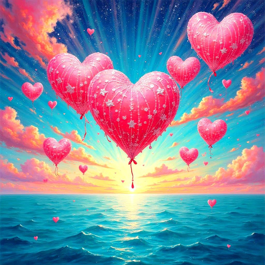 Surreal Folk Art Candy Stripe Sky with Hearts and Sparkles o...