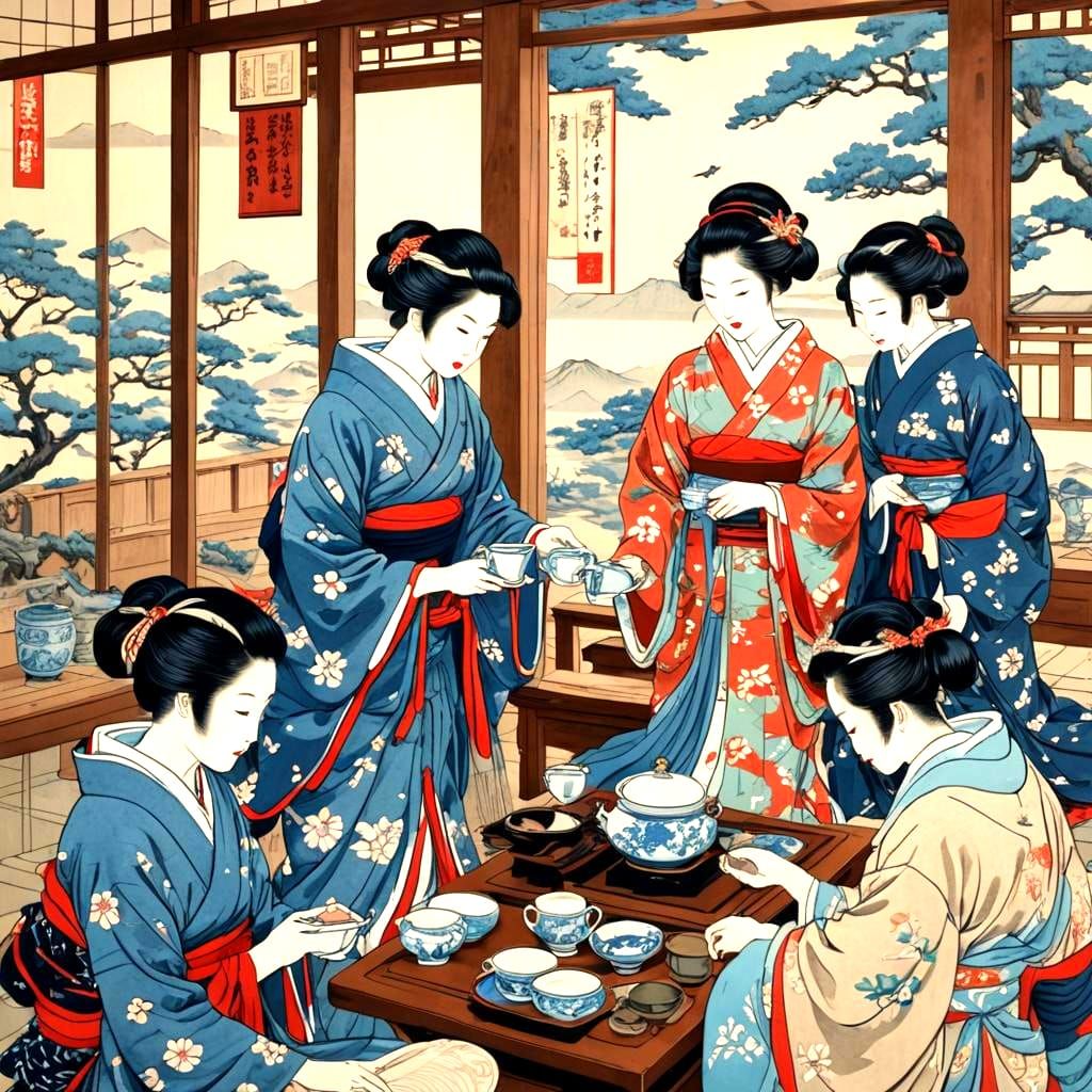 Japanese Tea Ceremony in Ukiyo-e Woodcut Style
