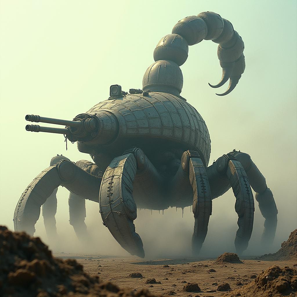 Nightmarish Tank Scorpion in War-Torn Landscape