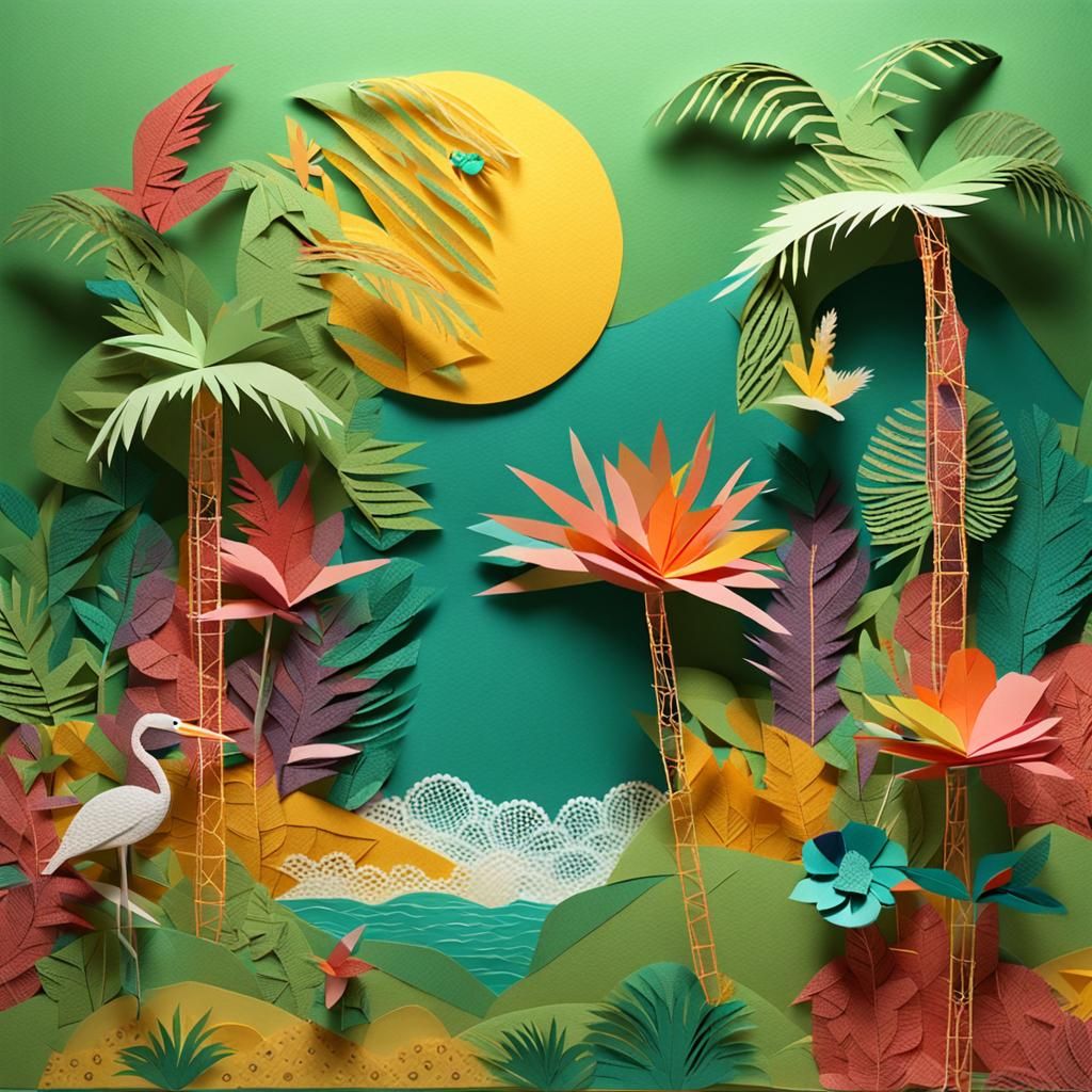 Exotic Tropical Landscape Made of Paper and Beads