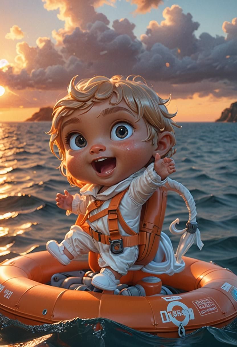 Baby in Lifeboat at Sunset, Hyperrealistic Art