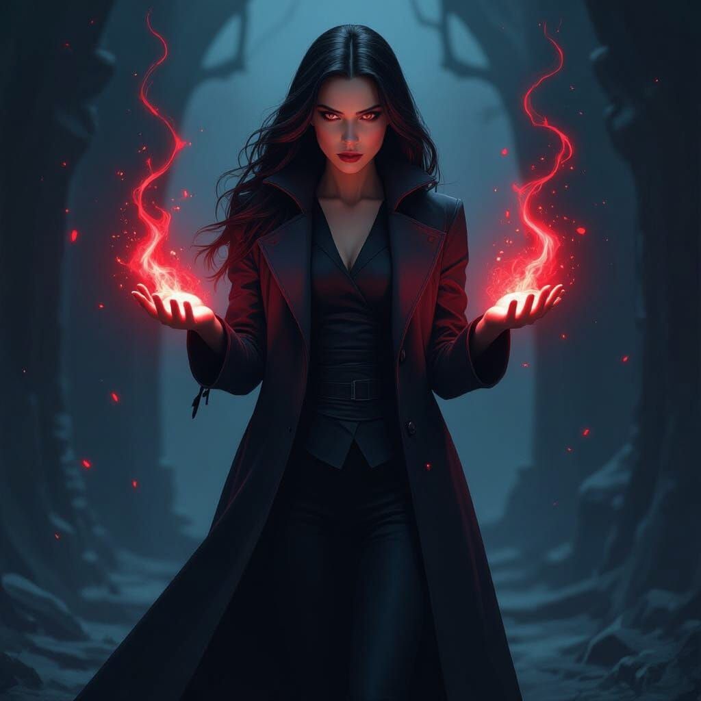 Wanda Maximoff in Dark Mystical Realm with Glowing Magic