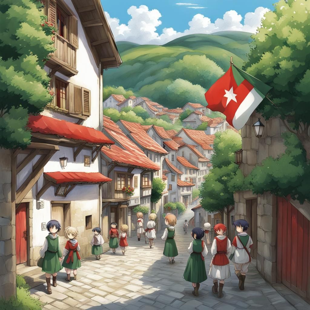 Picturesque Basque Village in Anime Style