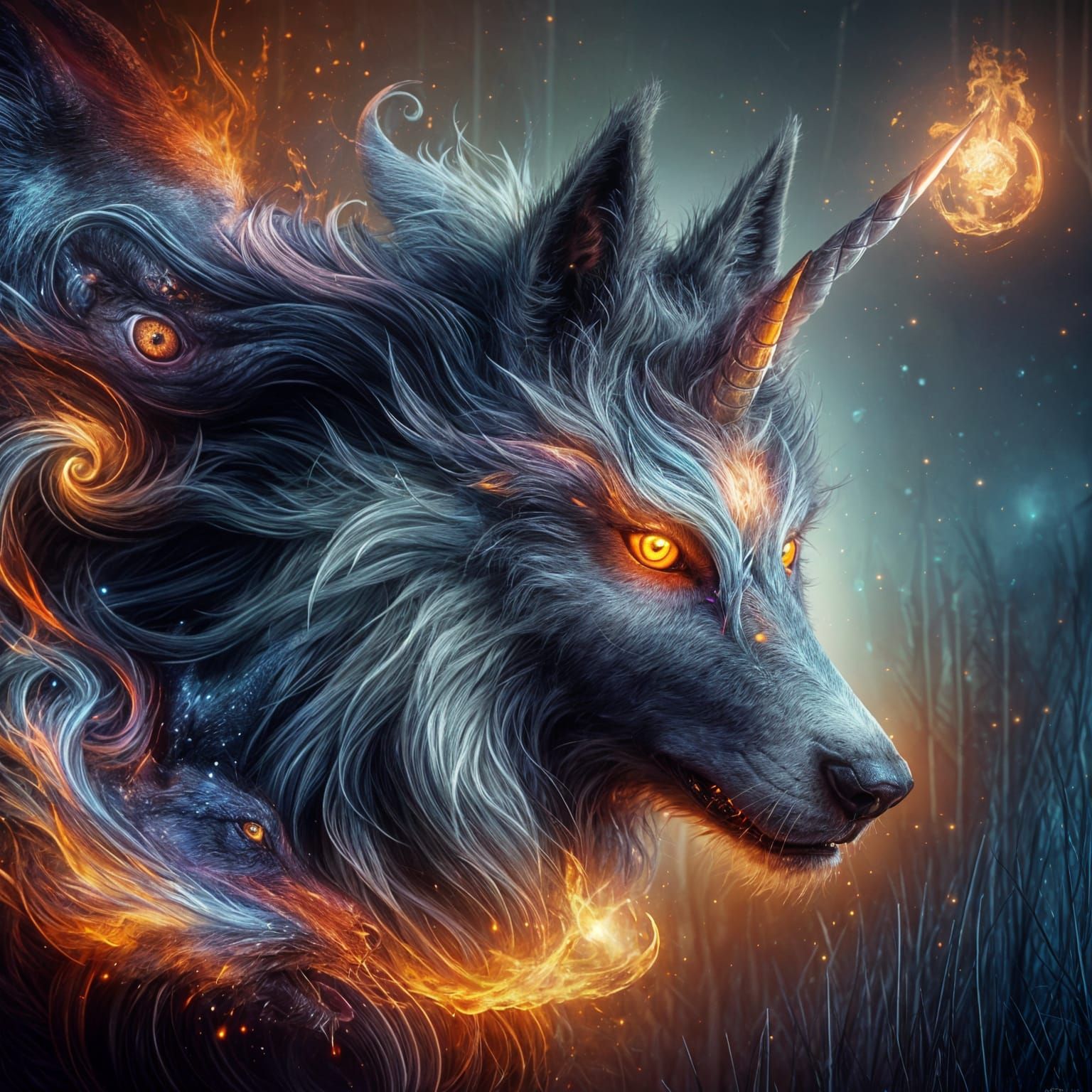 Fiery-Eyed Unicorn-Wolf in a Fantasy Matte Painting