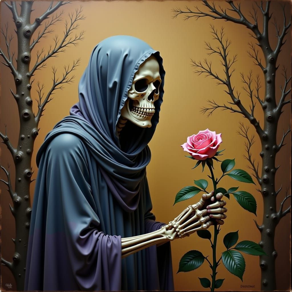 Skeletal Figure Adoring Blooming Rose in Surreal Oil Paintin...