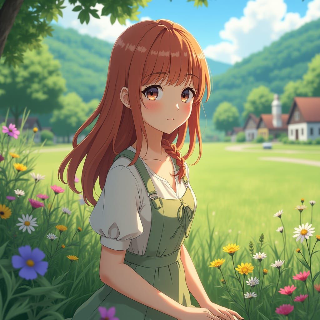 Heather in Ghibli-Style Serene Landscape