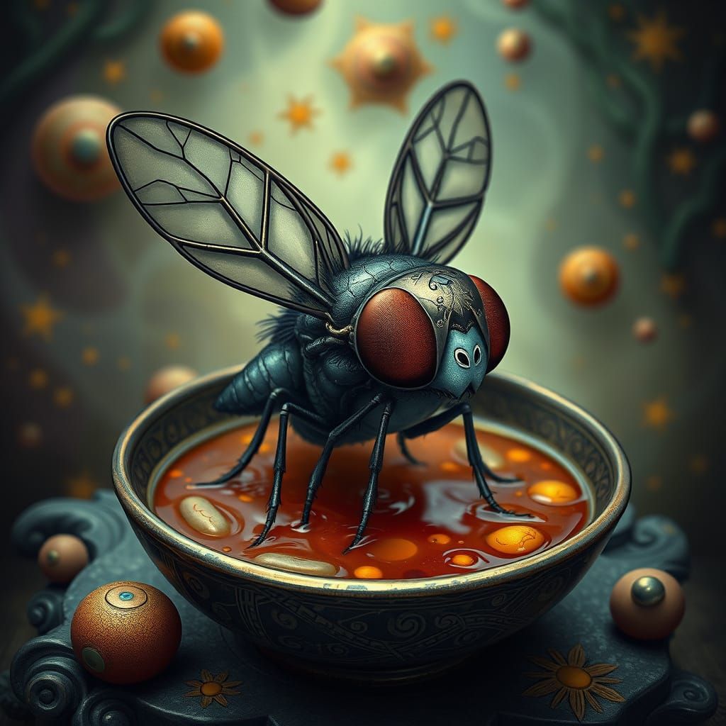 Chibi Fly Creature in Soup: Surreal Digital Art
