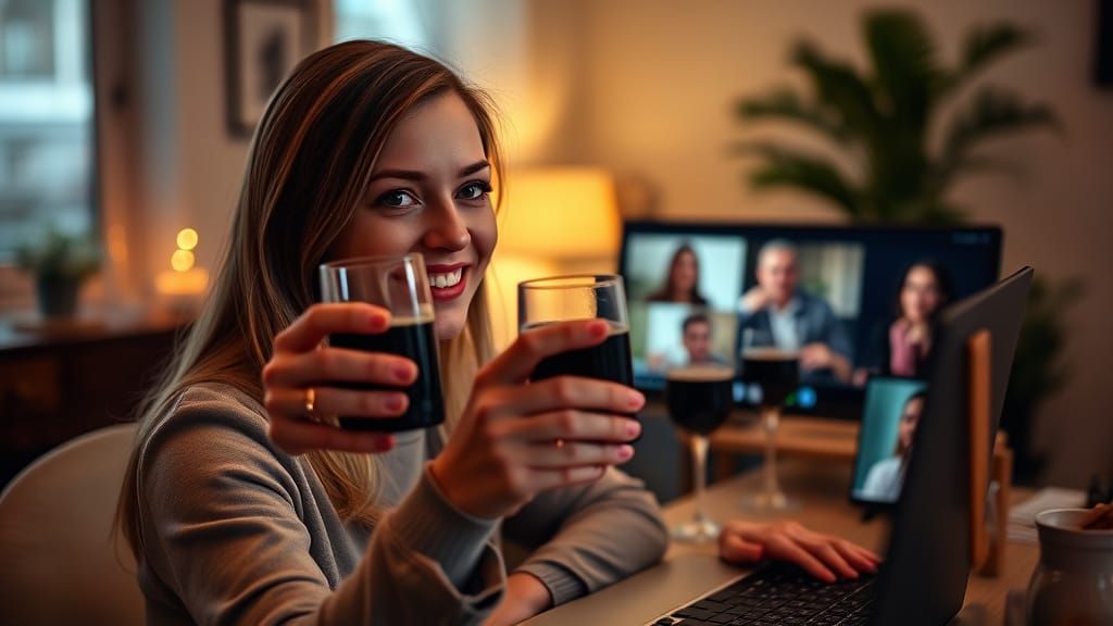 Lithuanian Woman Raising Glass in Toast with Laptop Friends