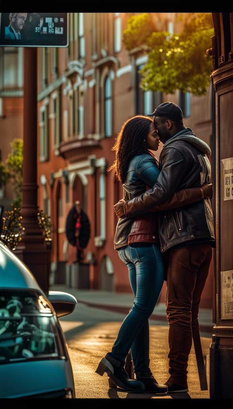 Intimate Embrace on a City Street Corner