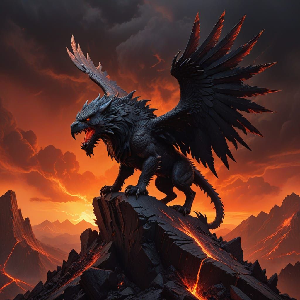 Ferocious Obsidian Griffin on Volcanic Peak