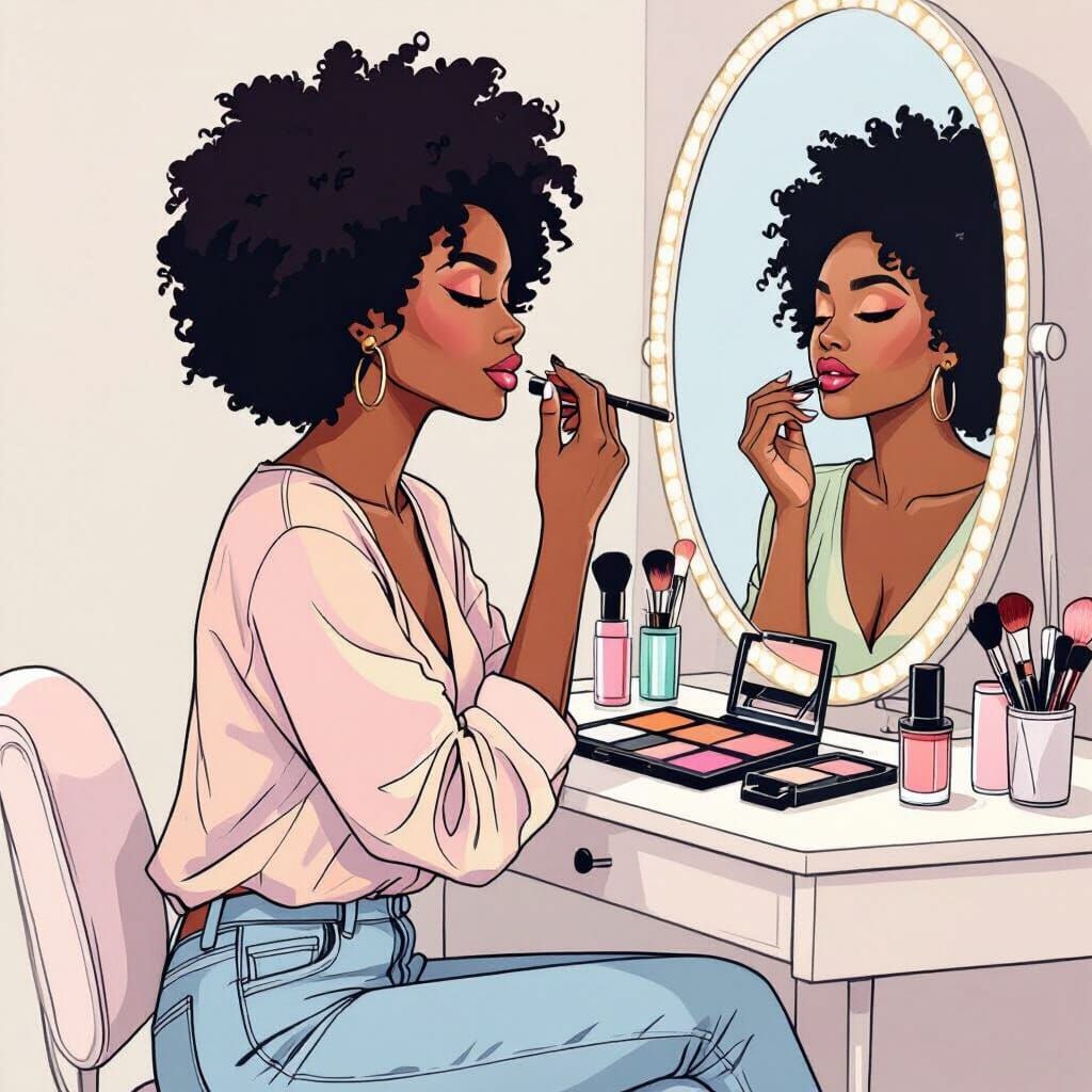 Coloring Page: Woman at Vanity with Makeup