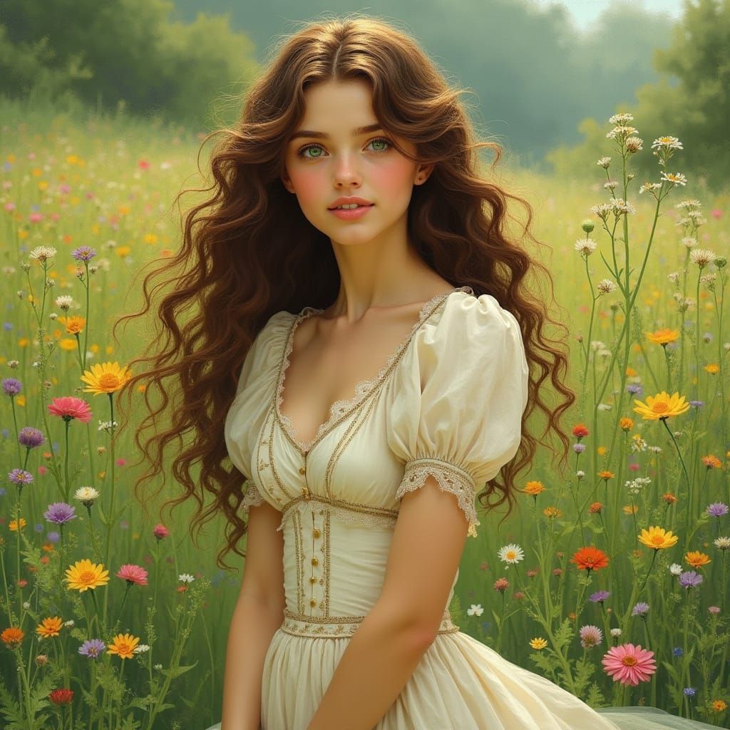 Evelina in a Lush Meadow, Art Nouveau Style