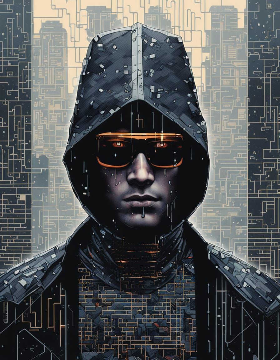 Cyberpunk Warrior in Rainy City Streets