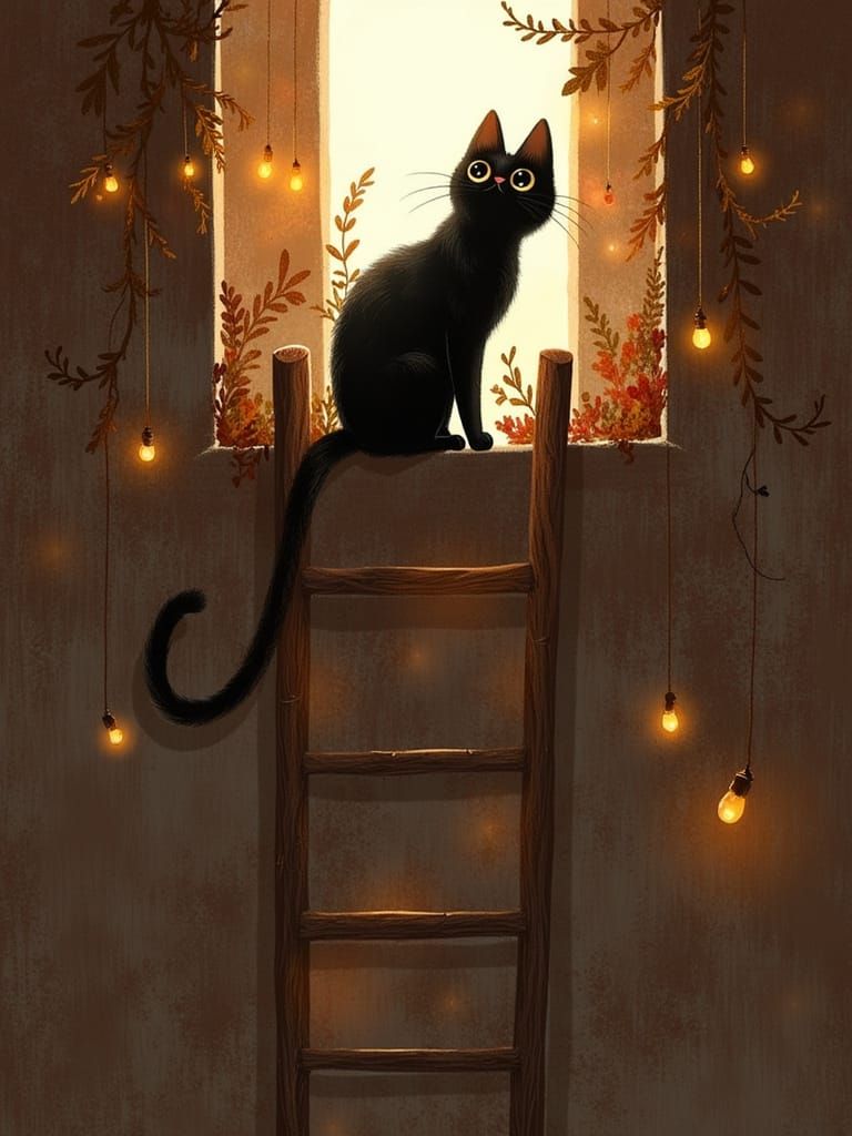 Cat Climbing Ladder in Whimsical Digital Painting Style