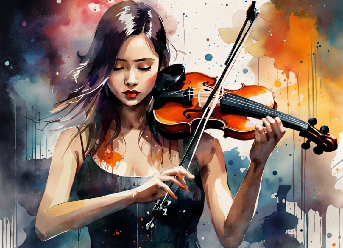 Joyful Violinist in Watercolor Symphony Portrait