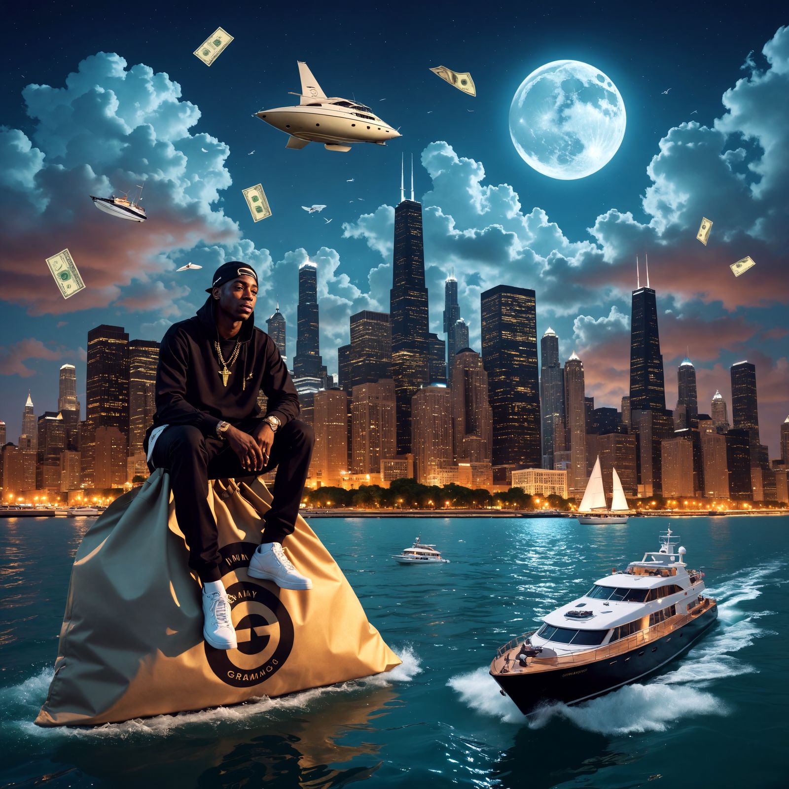 Chicago Skyline Album Cover with Yacht and Trophy