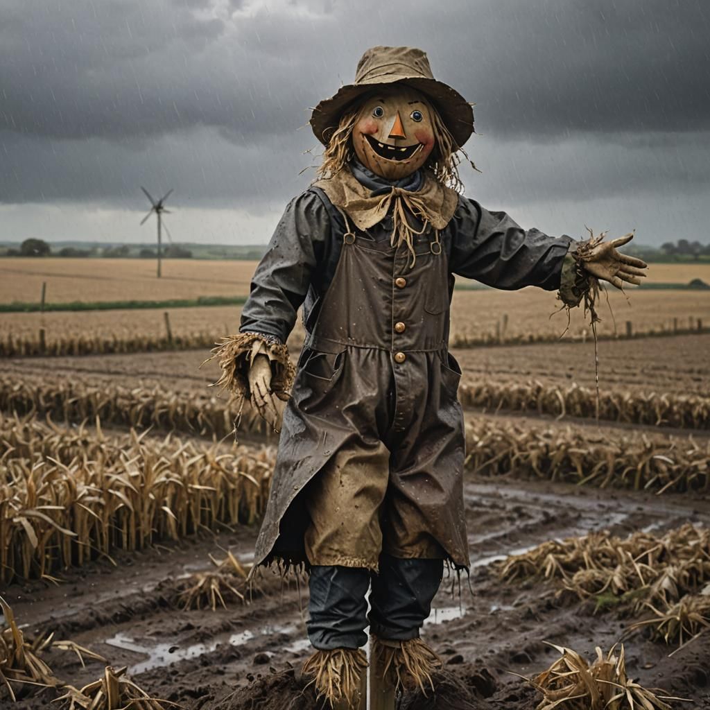 Photorealistic Scarecrow in Rainy Windswept Field