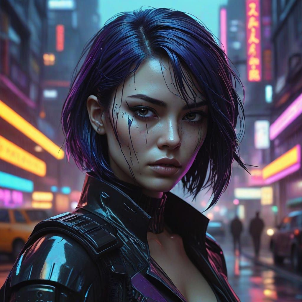 Midnight Blue Goddess in Dystopian Cityscape