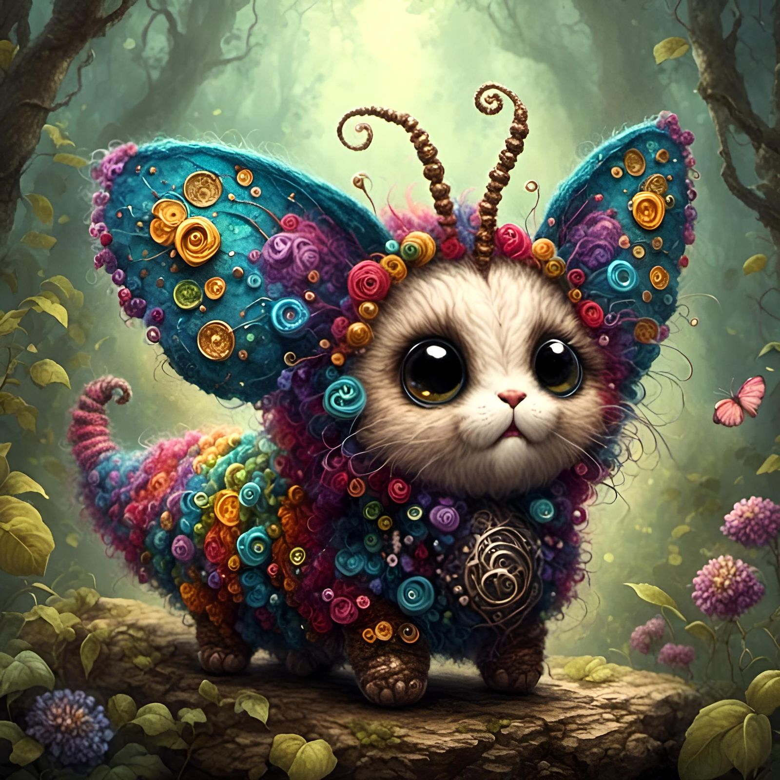 Whimsical Yarn Creature in Ink Fantasy World