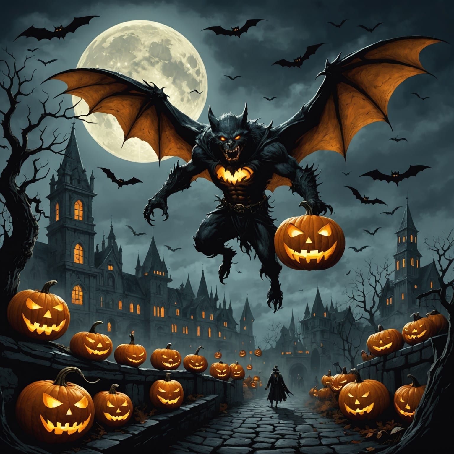 Pumpkin Monster Flight in Horror Nightscape