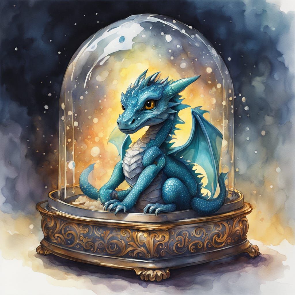 Baby Dragon in Jewelry Box: Expressive Watercolour Art