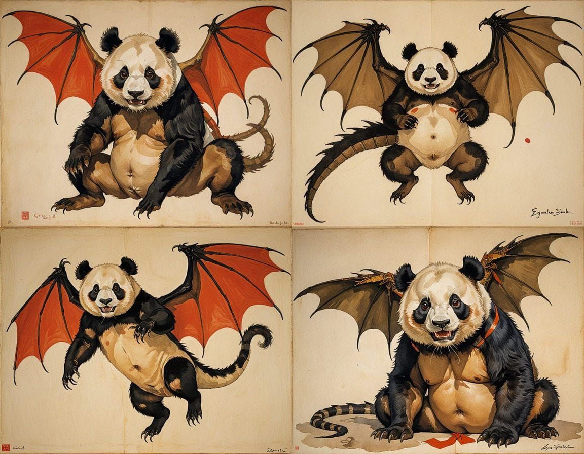 Surreal Horror Landscape with Dragon, Panda, and Buzzard