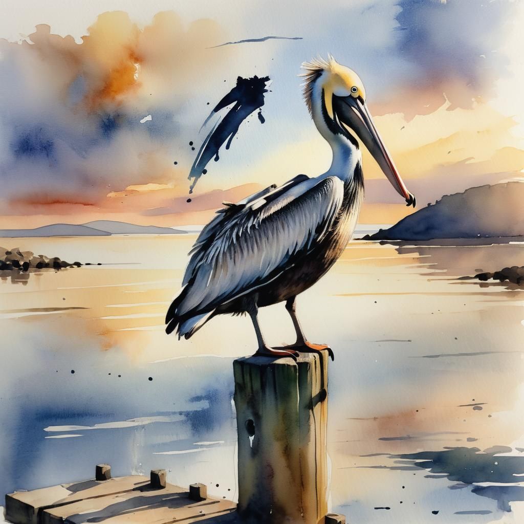 Pelican on Jetty Post in Golden Hour Watercolor