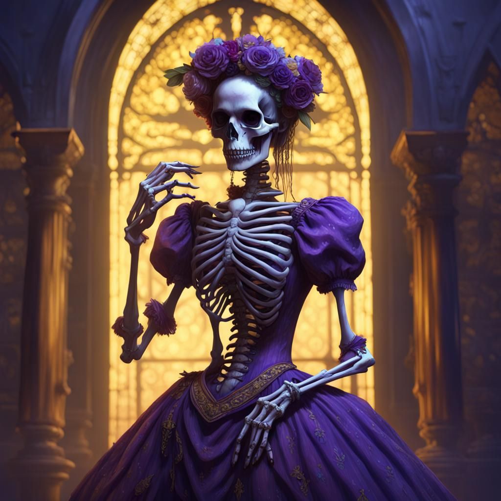 Skeleton Girl in Victorian Dress: Dark Fantasy Art