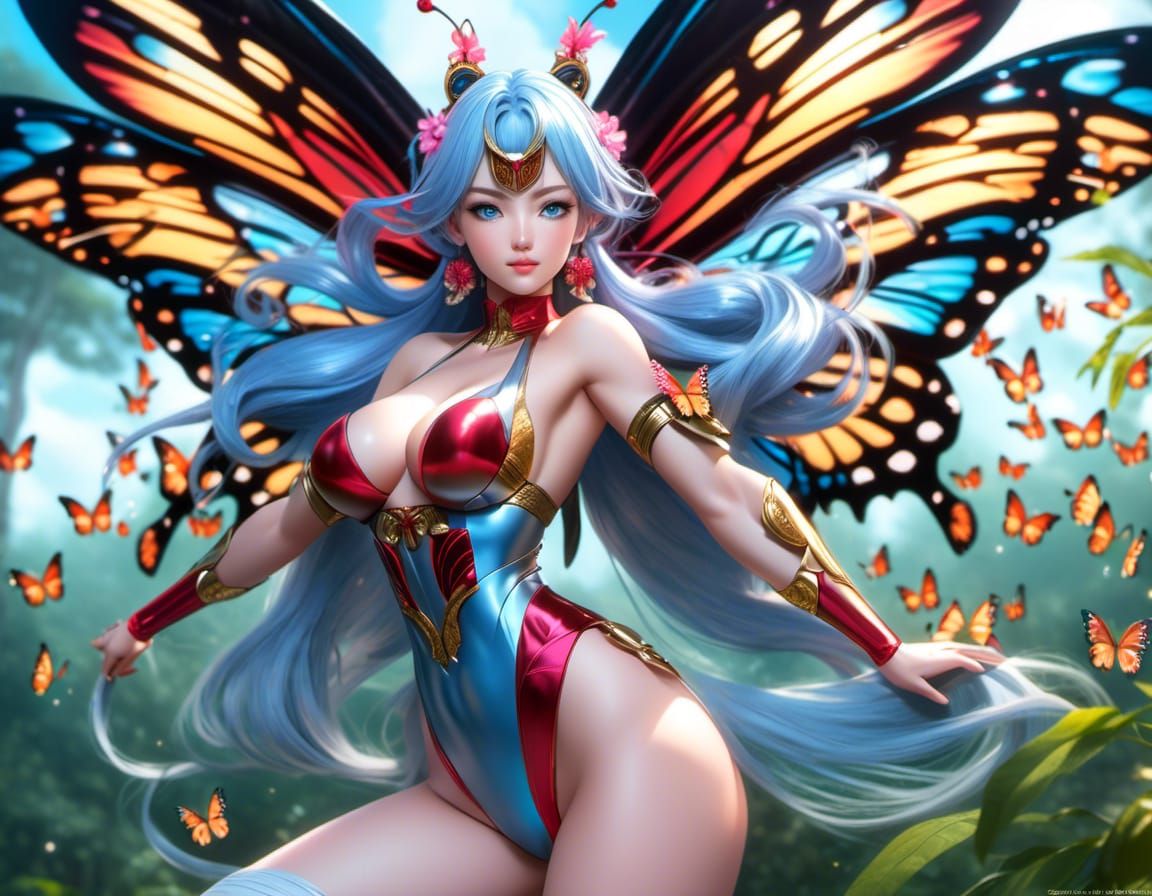 Blue-Haired Butterfly in Forest, High Resolution