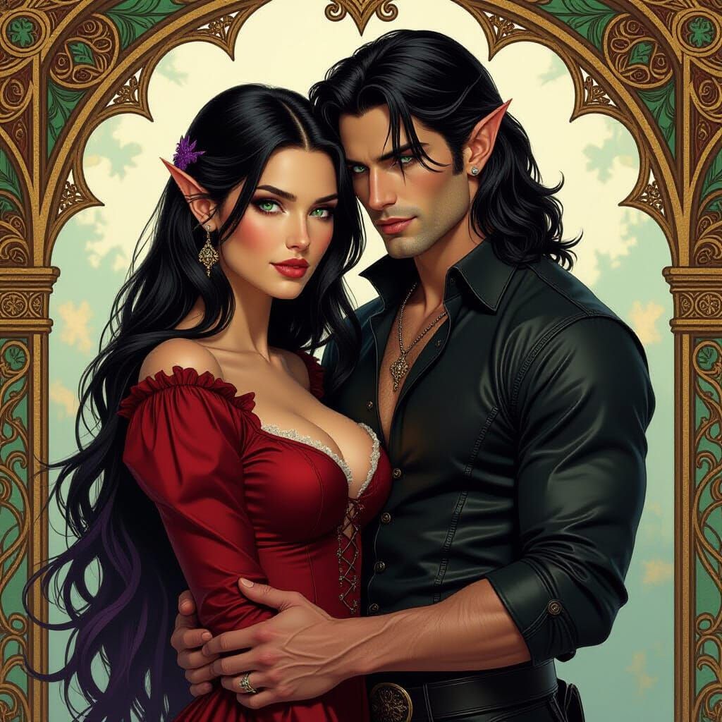 Elven Woman Embraced by Vampire in Romantic Fantasy Art