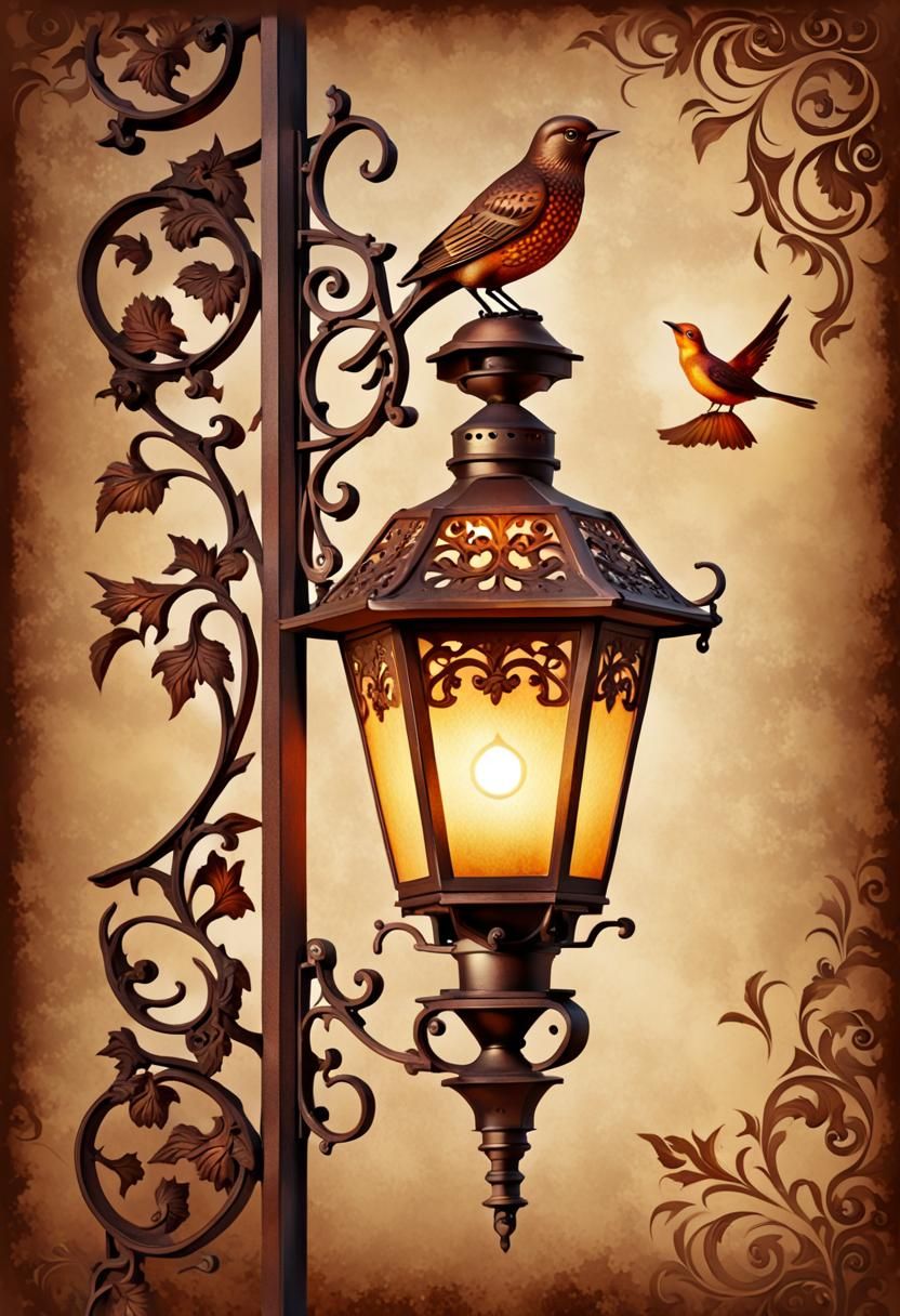 Vintage Lantern with Bird in Oil Painted Style