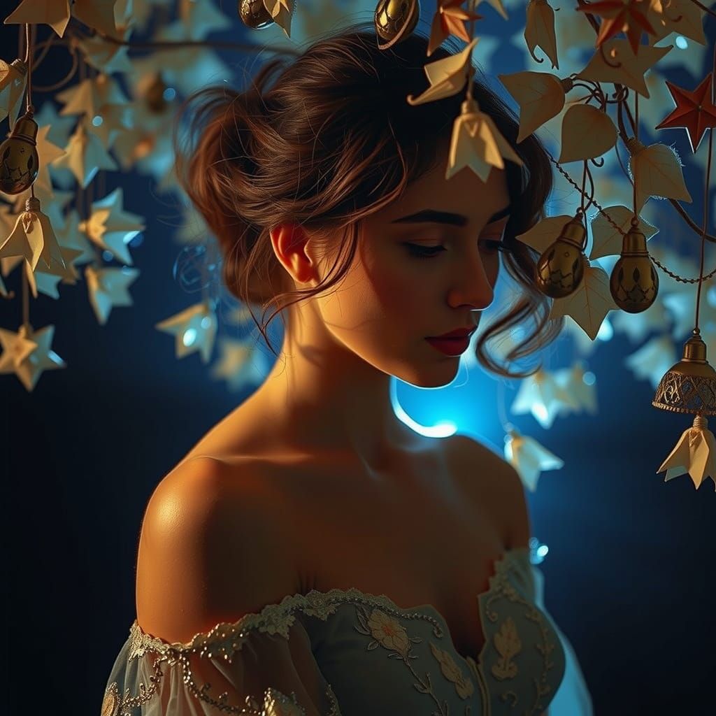 Surreal Sensual Woman in Dark Room with Lamp